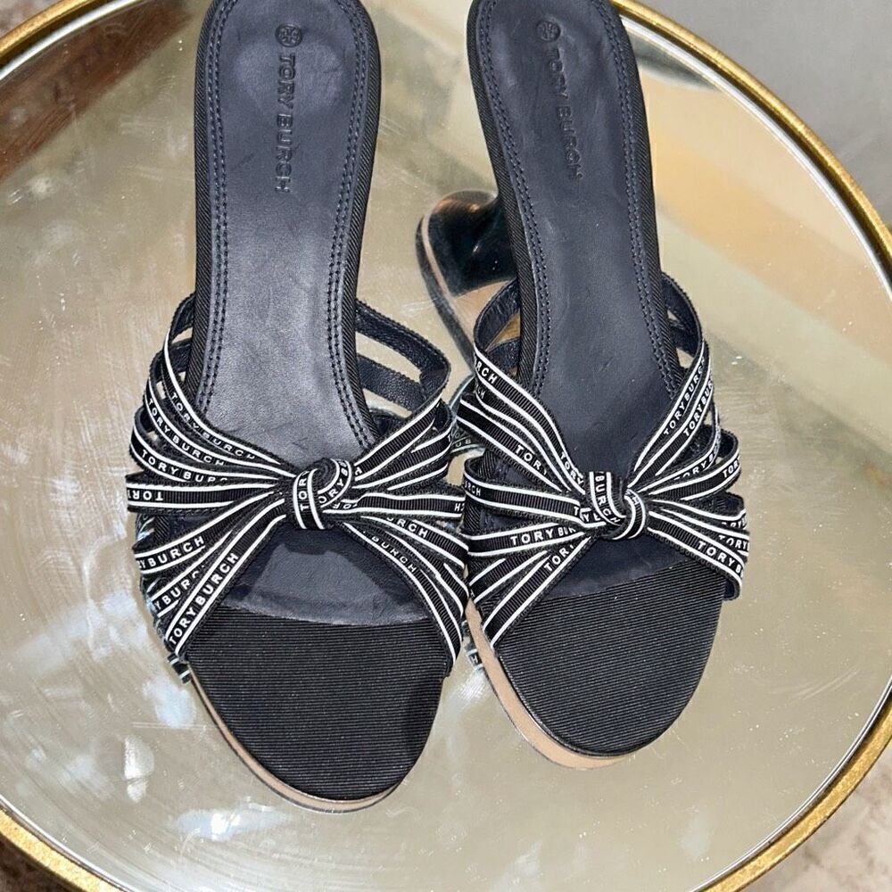 TORY BURCH NWOT Ribbon Slide Sandals Women Size 8.5M Navy Kitten heel